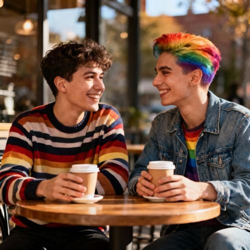 Two people having coffee on a first date after meeting on Taimi dating app