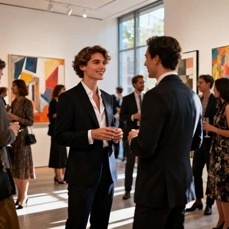 Well-dressed person at art gallery opening networking naturally with other attendees
