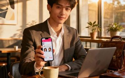Young professional using Zoosk dating app on smartphone with confident smile