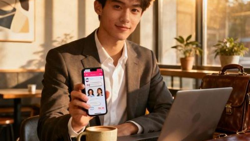 Young professional using Zoosk dating app on smartphone with confident smile