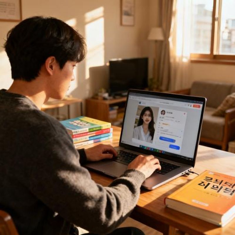 Person creating dating profile with Korean cultural elements