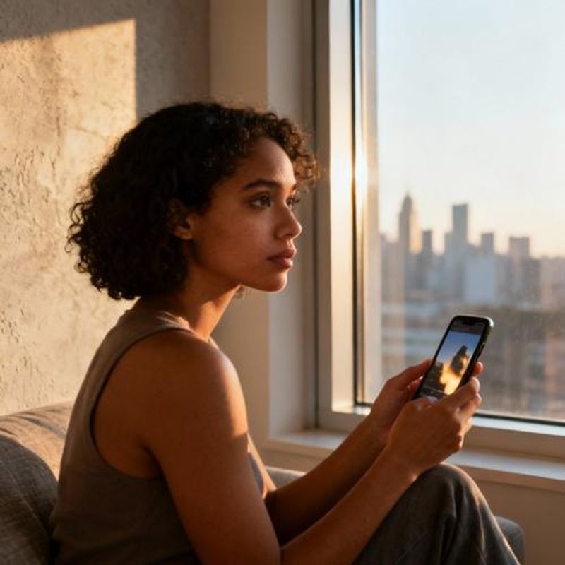 Woman looking thoughtfully at her phone while sitting by a window