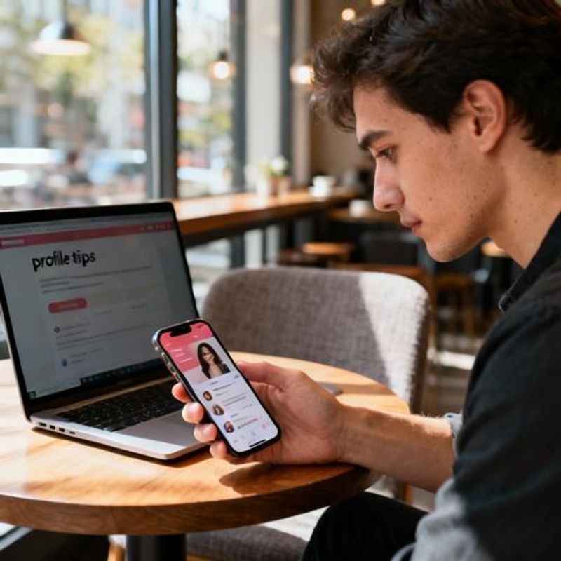 Person creating dating profile on phone with laptop nearby