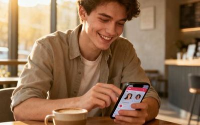 Young professional using dating app on smartphone in modern coffee shop