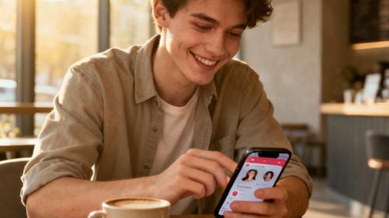 Young professional using dating app on smartphone in modern coffee shop