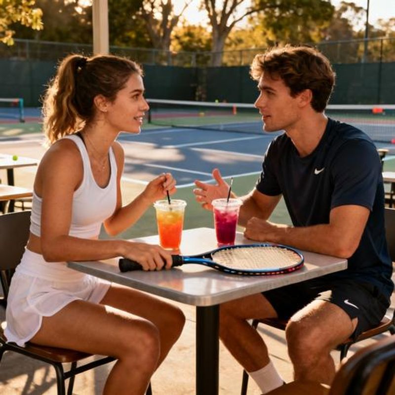Couple enjoying post-game drinks and conversation at outdoor cafe near pickleball courts