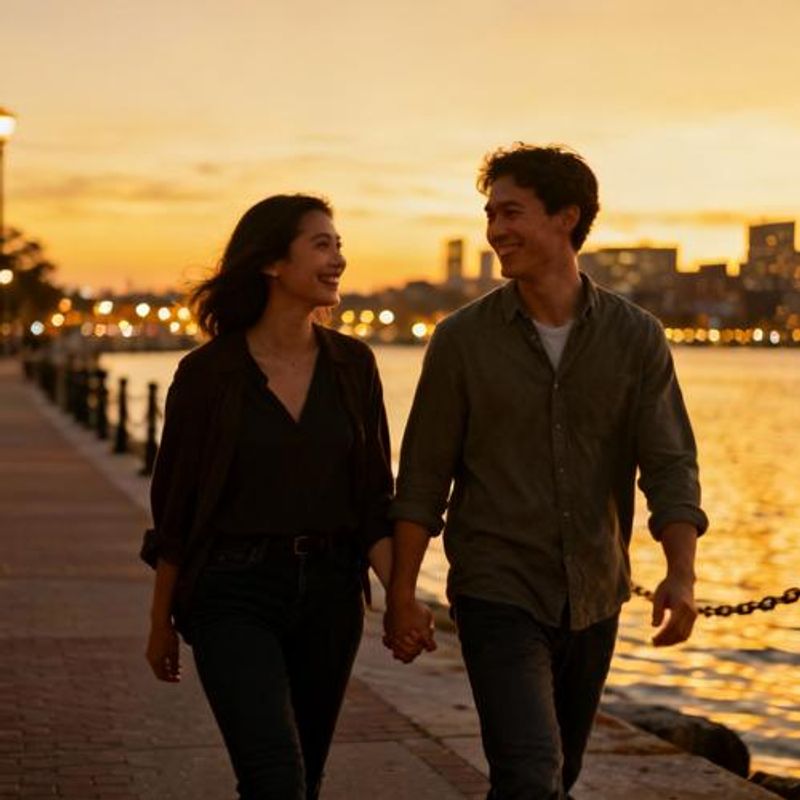 Boston harbor waterfront with couples walking along the harborwalk at sunset