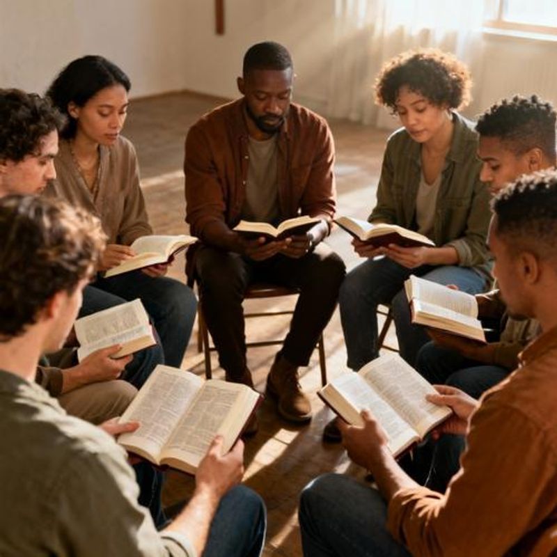 Christian singles from various cultures reading Bible together in study group