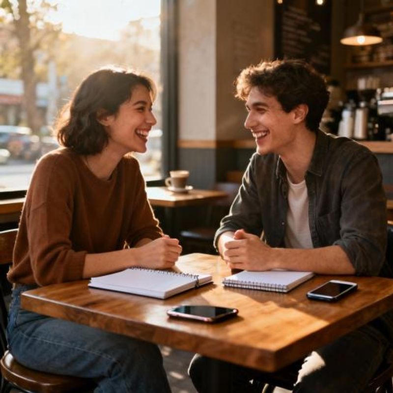 Two people having engaging conversation over coffee on first date