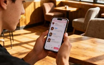 Young person holding smartphone with dating app interface, sitting in cozy coffee shop with natural lighting