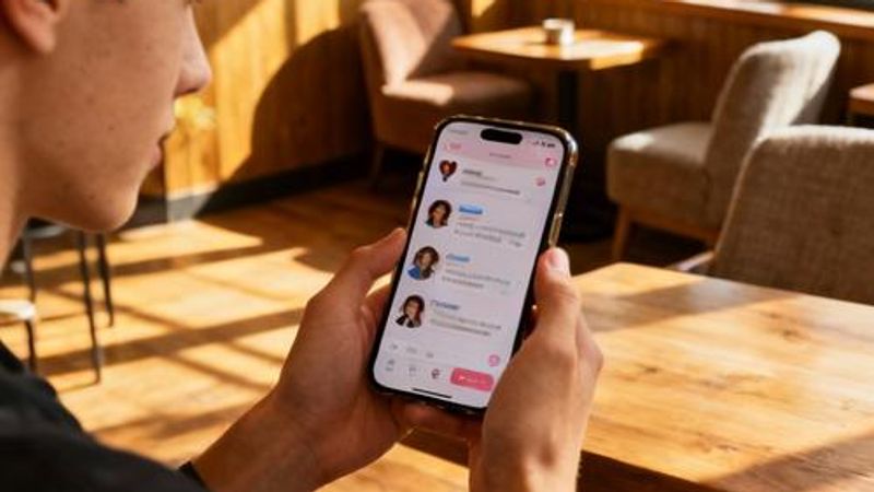 Young person holding smartphone with dating app interface, sitting in cozy coffee shop with natural lighting
