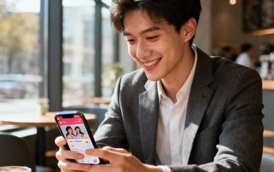 Young professional using dating app on smartphone with coffee in modern cafe setting