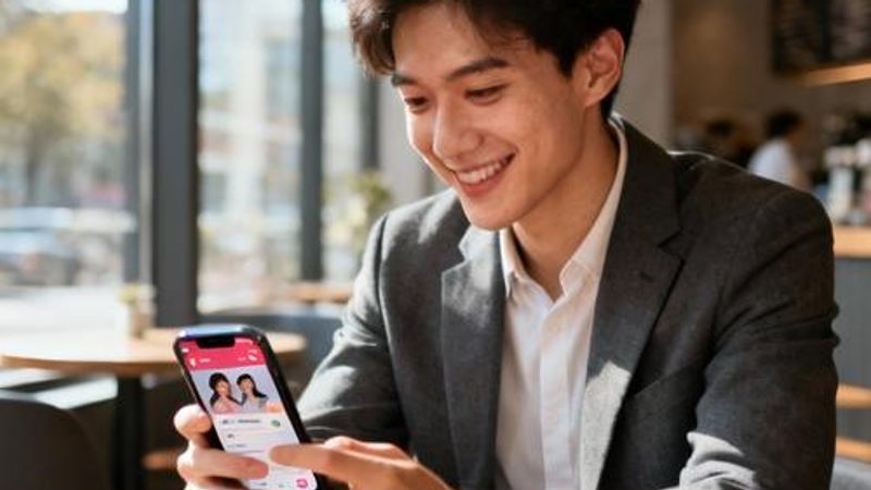 Young professional using dating app on smartphone with coffee in modern cafe setting