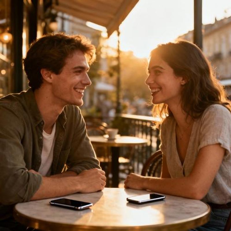 Happy couple having coffee together after meeting through dating app