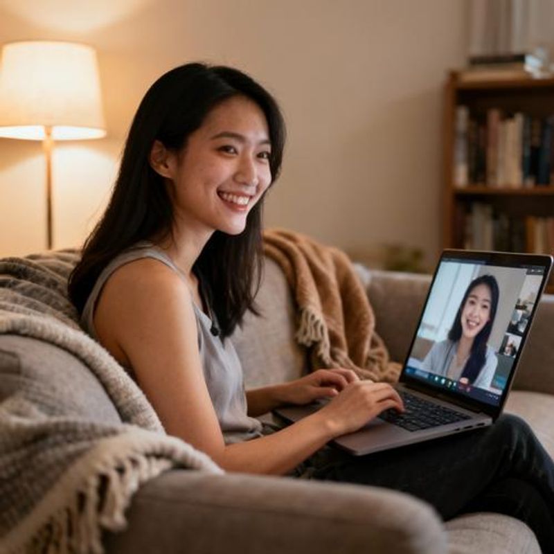 Young Asian woman smiling while video chatting on her laptop in a cozy home setting
