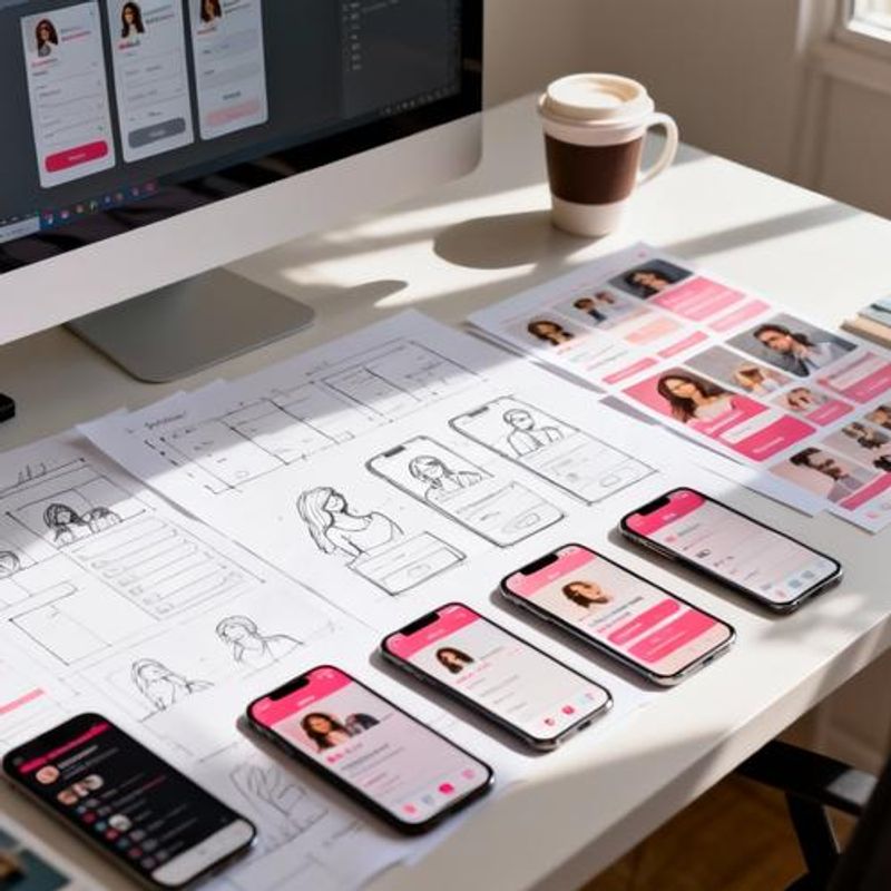 Dating app wireframes and user interface sketches on desk
