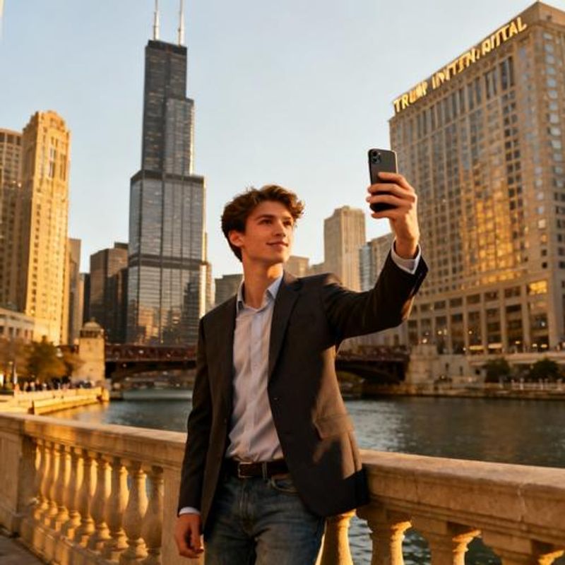 Young professional taking dating app photos at Chicago Riverwalk with architectural background