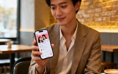 Professional individual using Raya dating app on iPhone in modern coffee shop