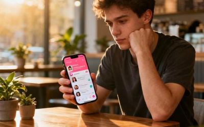 Young person thoughtfully looking at phone with dating apps, sitting in a cozy coffee shop
