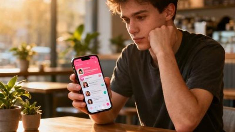 Young person thoughtfully looking at phone with dating apps, sitting in a cozy coffee shop