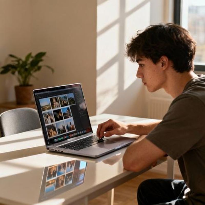 Person carefully selecting photos for dating profile on laptop
