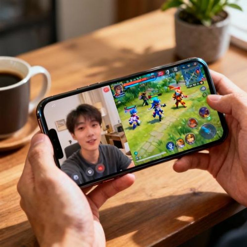 Split screen showing couple having video call while playing cooperative mobile game