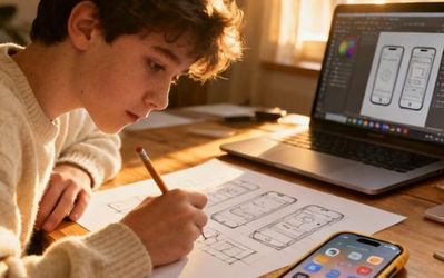 Young person sketching dating app wireframes on paper with smartphone and laptop nearby