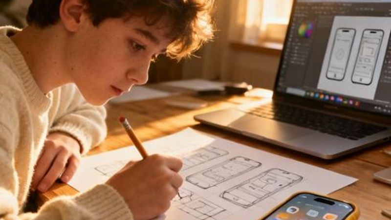 Young person sketching dating app wireframes on paper with smartphone and laptop nearby