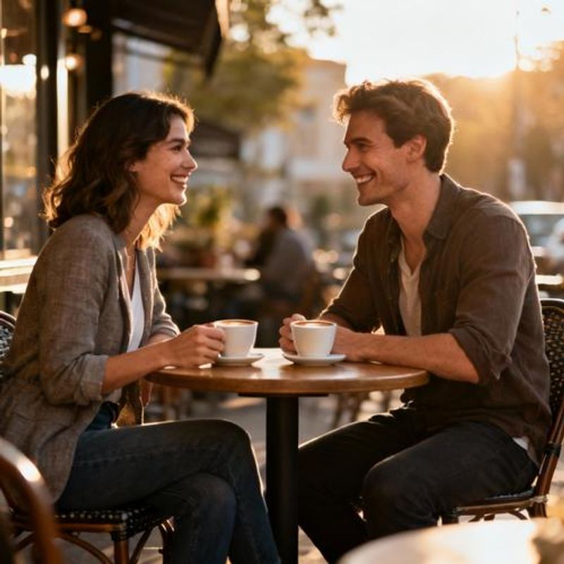 Two people having coffee on a first date in a cozy café