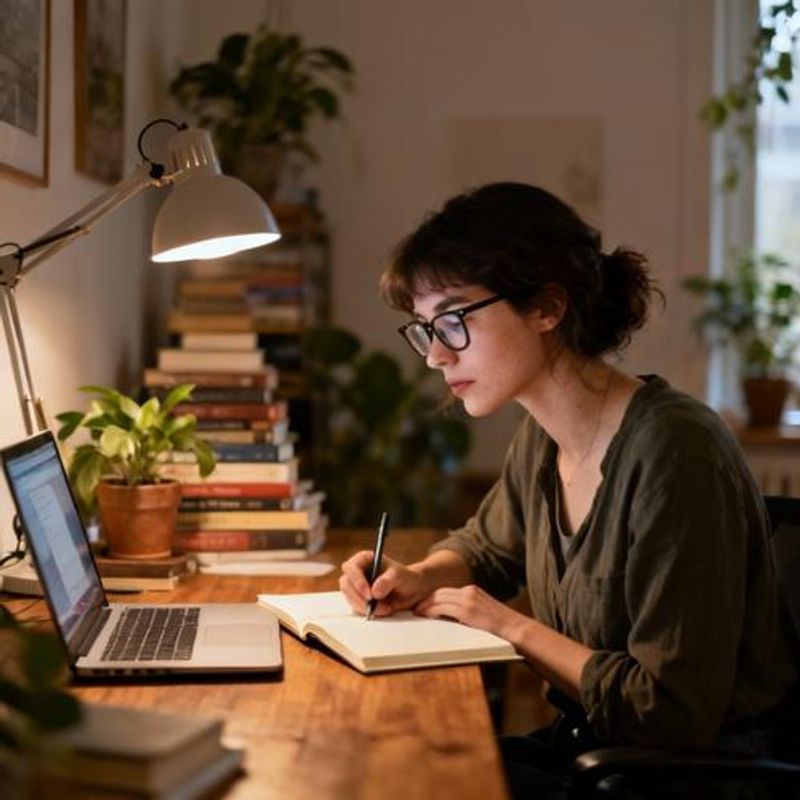 Woman sitting at a desk writing notes while looking at her laptop screen