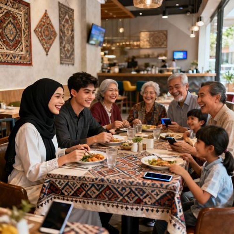 Muslim couple with families meeting at restaurant table