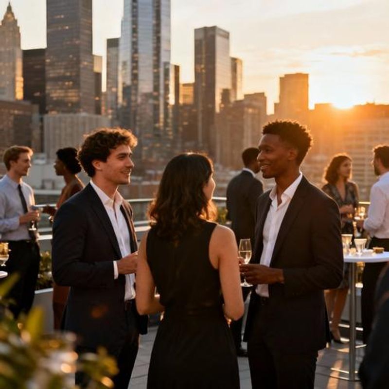 Diverse group of professionals networking at upscale event