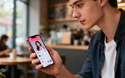 Young professional using smartphone with dating app interface in modern coffee shop