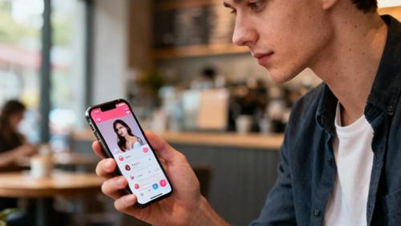 Young professional using smartphone with dating app interface in modern coffee shop