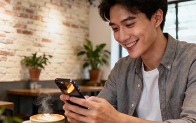 Young professional using dating app on smartphone in modern coffee shop