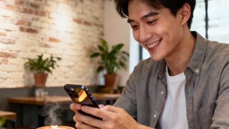 Young professional using dating app on smartphone in modern coffee shop