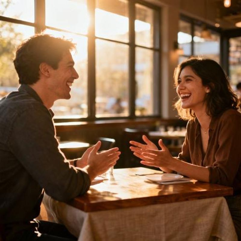 Two people having engaged conversation on a first date