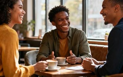 Three people having a friendly conversation at a coffee table, representing open communication in polyamorous relationships