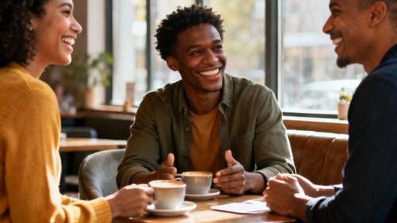 Three people having a friendly conversation at a coffee table, representing open communication in polyamorous relationships