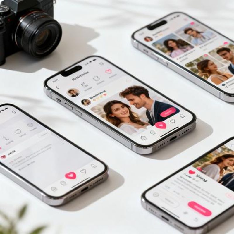 Mobile app interface mockups showing dating app features on smartphone screens