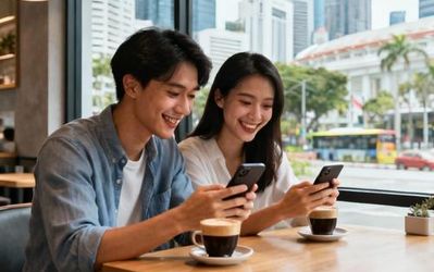 Young Asian couple having coffee at a Singapore cafe while looking at their phones