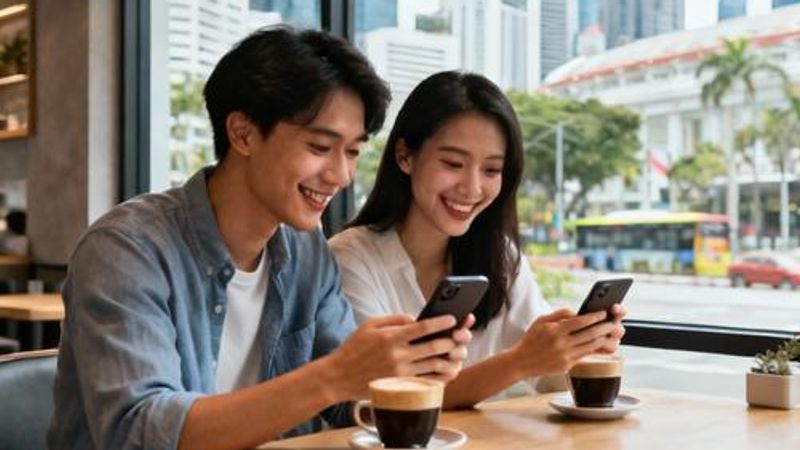 Young Asian couple having coffee at a Singapore cafe while looking at their phones