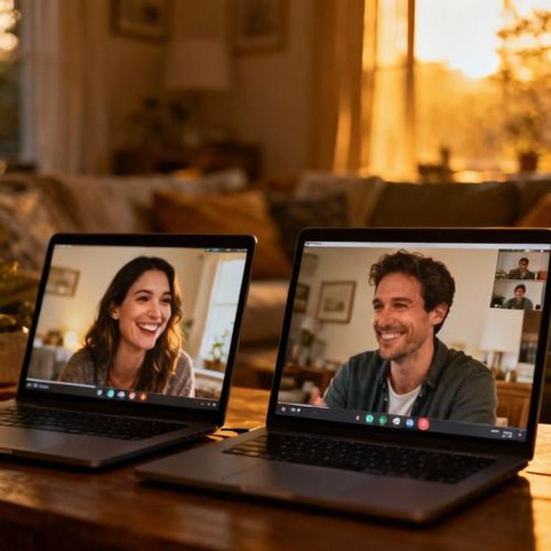 Couple having their first video call date on Facebook Dating