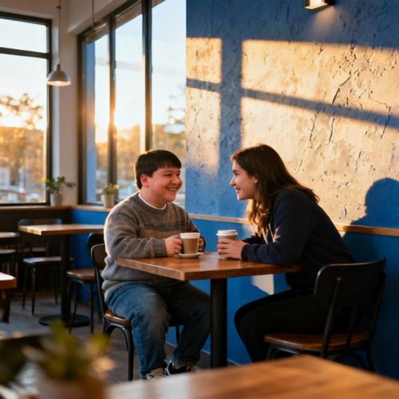 Couple with Down syndrome enjoying a casual coffee date in a bright, welcoming café