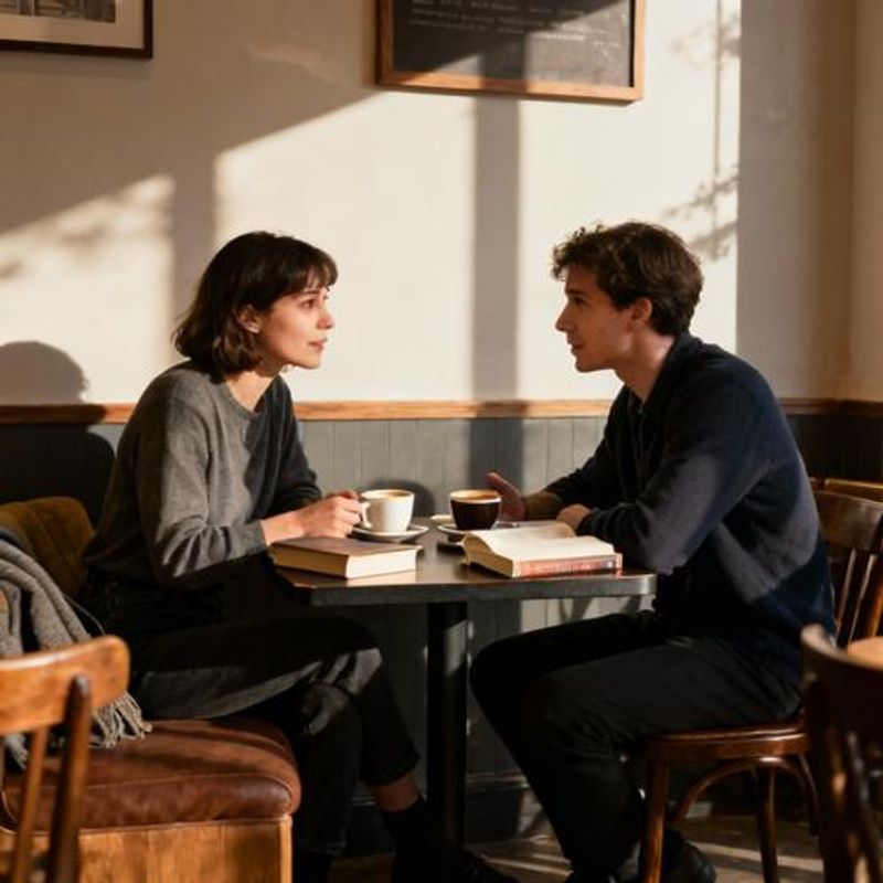 Two people having an engaged conversation at a quiet coffee shop