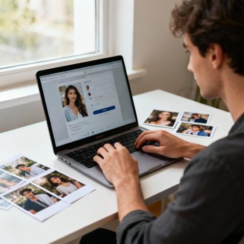Person creating detailed dating profile on laptop with photos nearby