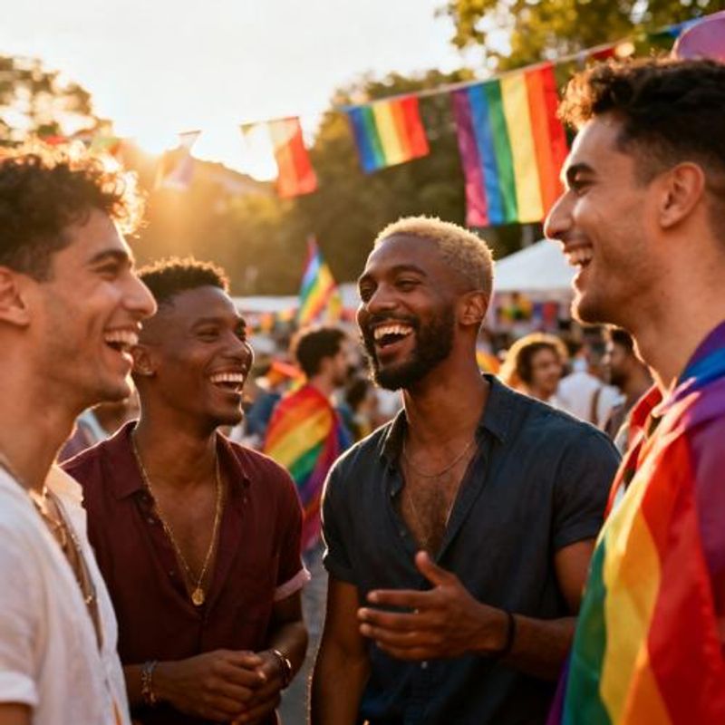 Diverse group of gay men socializing at an international pride event