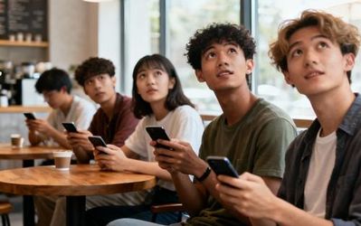 Young professionals using dating apps on smartphones in a modern coffee shop