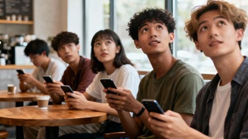 Young professionals using dating apps on smartphones in a modern coffee shop