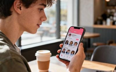 Young person using dating app on smartphone with coffee shop background